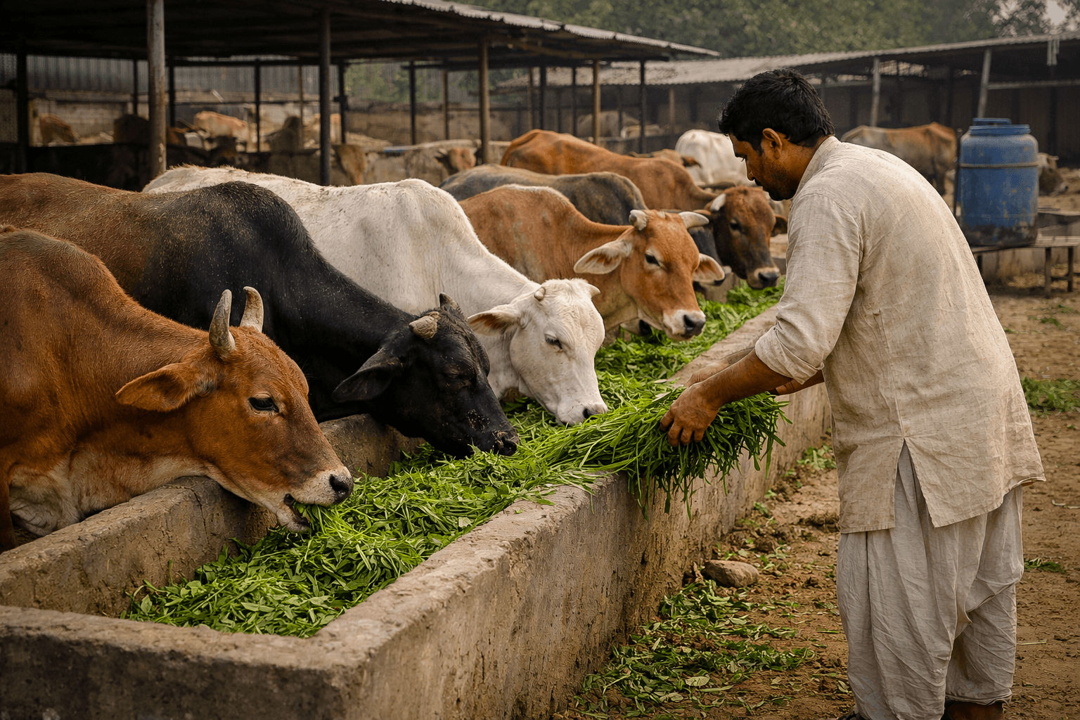 Volunteers feeding cows in a care shelter